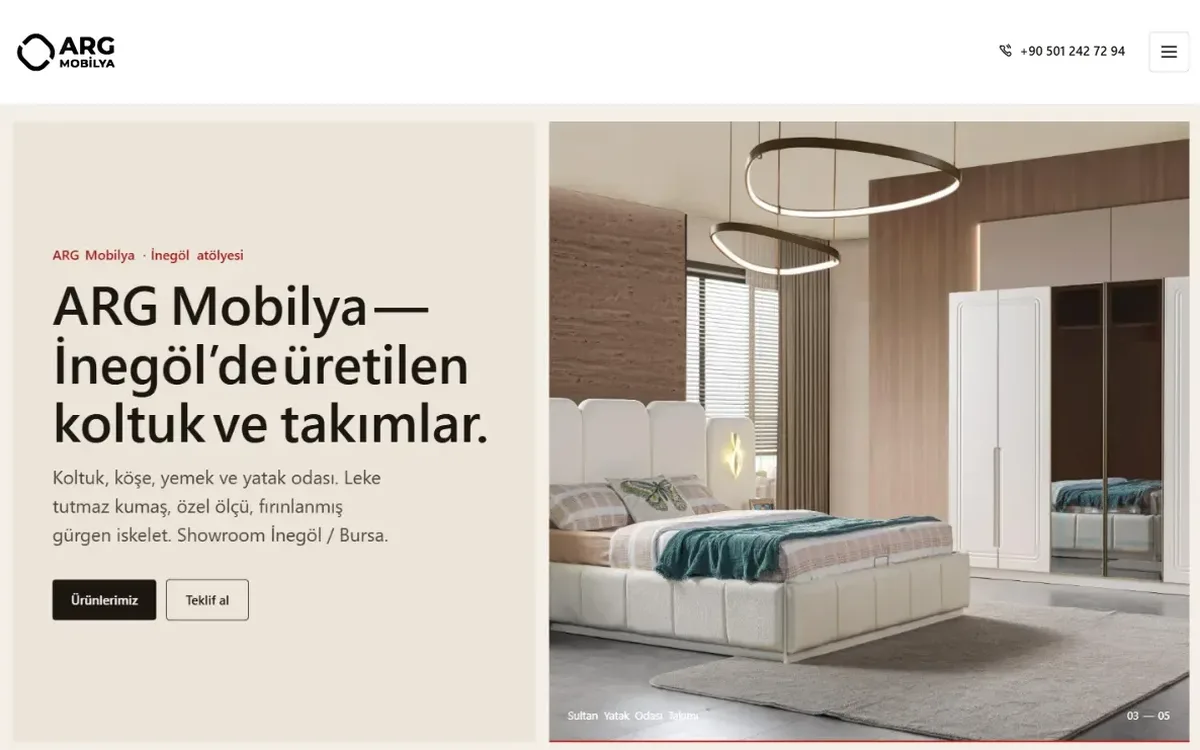 ARG Mobilya web sitesi ana sayfa ekran görüntüsü
